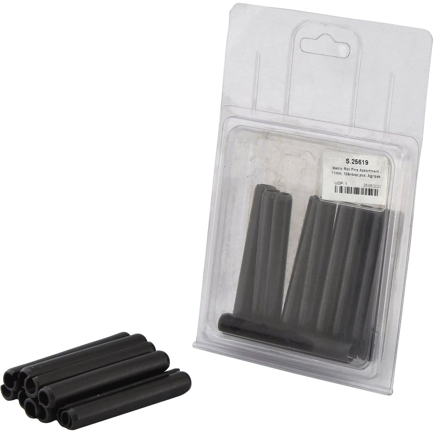 A pack of Ø11mm Metric Roll Pins, containing 10 pieces under the Sparex brand, is displayed in transparent packaging with additional pins placed alongside it. The label reads "S.25619" and features the Agripak logo.