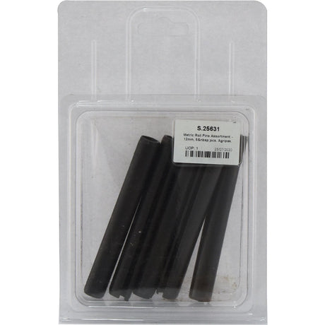 A blister pack contains five black cylindrical rods labeled with product details and a barcode on a white sticker, ideal for metric applications. This set, known as the Metric Roll Pins Assortment - Ø12mm, is distributed by Sparex under Part No. S.25631.