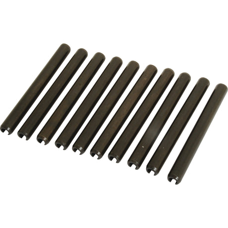 Five identical black cylindrical metal roll pins from the Sparex Metric Roll Pins Assortment (Ø13mm), arranged in a row on a white background, exemplify precision with their metric measurements.
