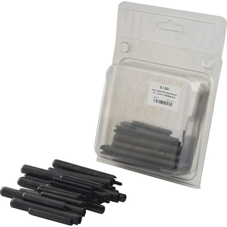A clear plastic package labeled "Sparex Metric Roll Pins Assortment -⌀3 - 10mm, 32 pcs. Agripak. - S.1251" contains an assortment of black cylindrical tools, with additional metric roll pin tools displayed outside of the package.