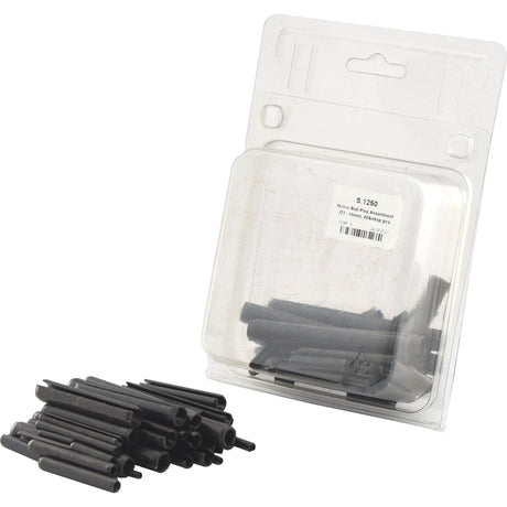 A packaging of black plastic automotive trim panel retainers, alongside a few Metric Roll Pins from the Sparex Metric Roll Pins Assortment (⌀3 - 10mm, 40 pcs. Agripak. - S.1250) in sizes Ø3 x 20mm and Ø4 x 40mm visible outside the package.
