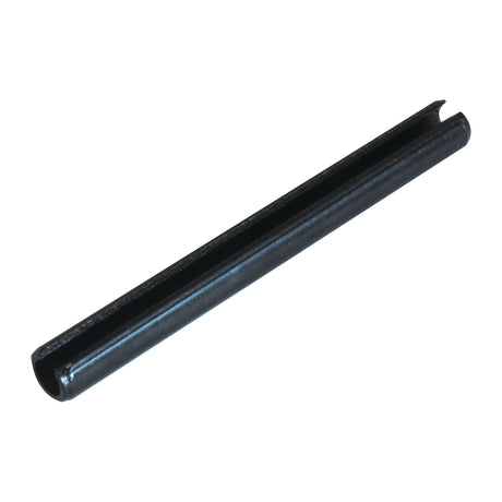 The Sparex Metric Roll Pins Assortment - ⌀3 - 10mm, 60 pcs. Handipak (S.2851) features a black cylindrical metal pin with a lengthwise slit, displayed slightly angled against a white background. These pins are ideal for various industrial applications due to their precise design and durability.