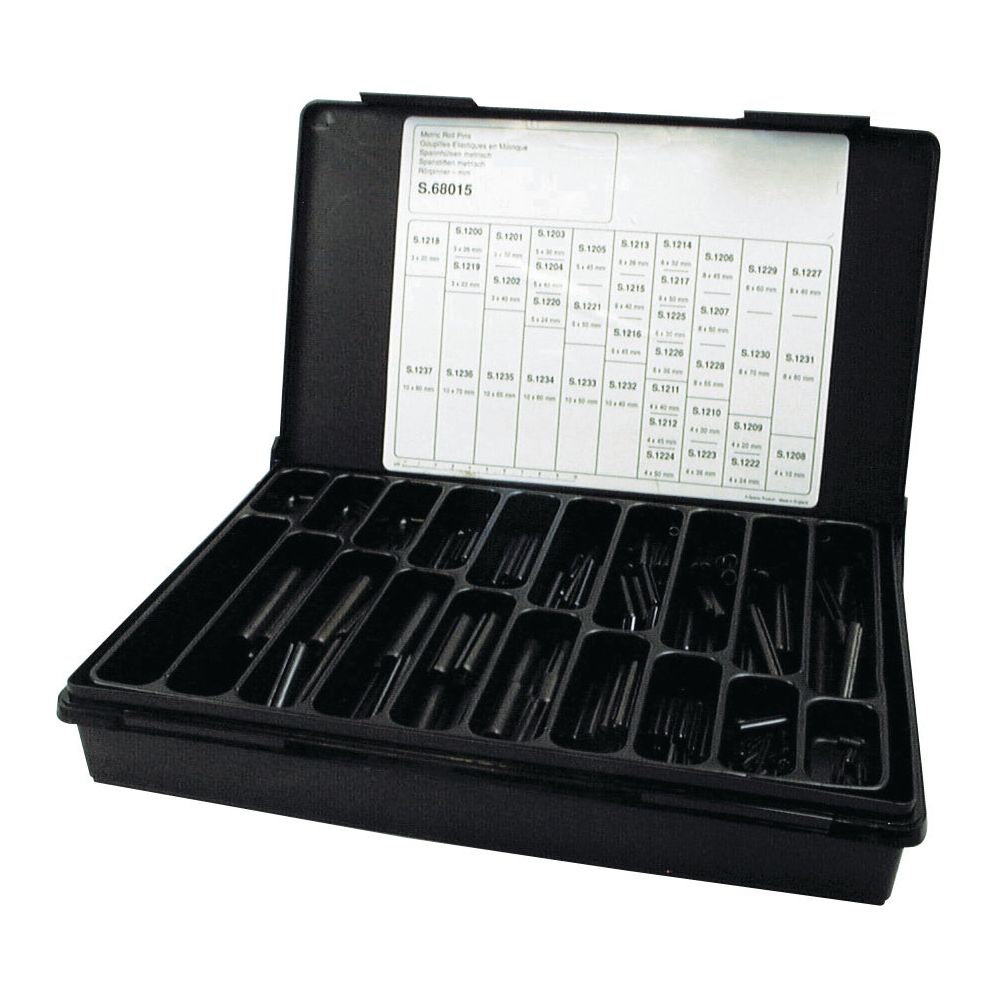 The S.68015 Metric Roll Pins Assortment from Sparex is a black plastic box containing 324 pieces of small tools or parts, organized in compartments. A chart with inventory details is attached inside the lid.