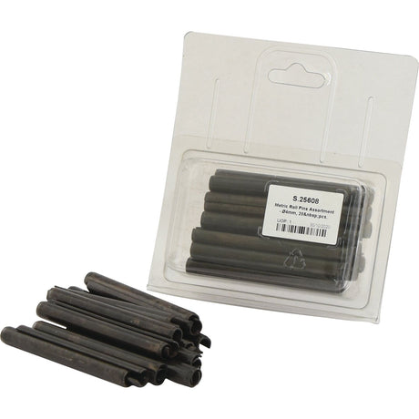 A packet containing the Metric Roll Pins Assortment - Ø4mm, 20 pcs. Agripak (Sparex Part No. S.25608) is displayed, with several loose pins shown in the foreground; this Sparex set features metric sizes and is compatible with other Sparex components.
