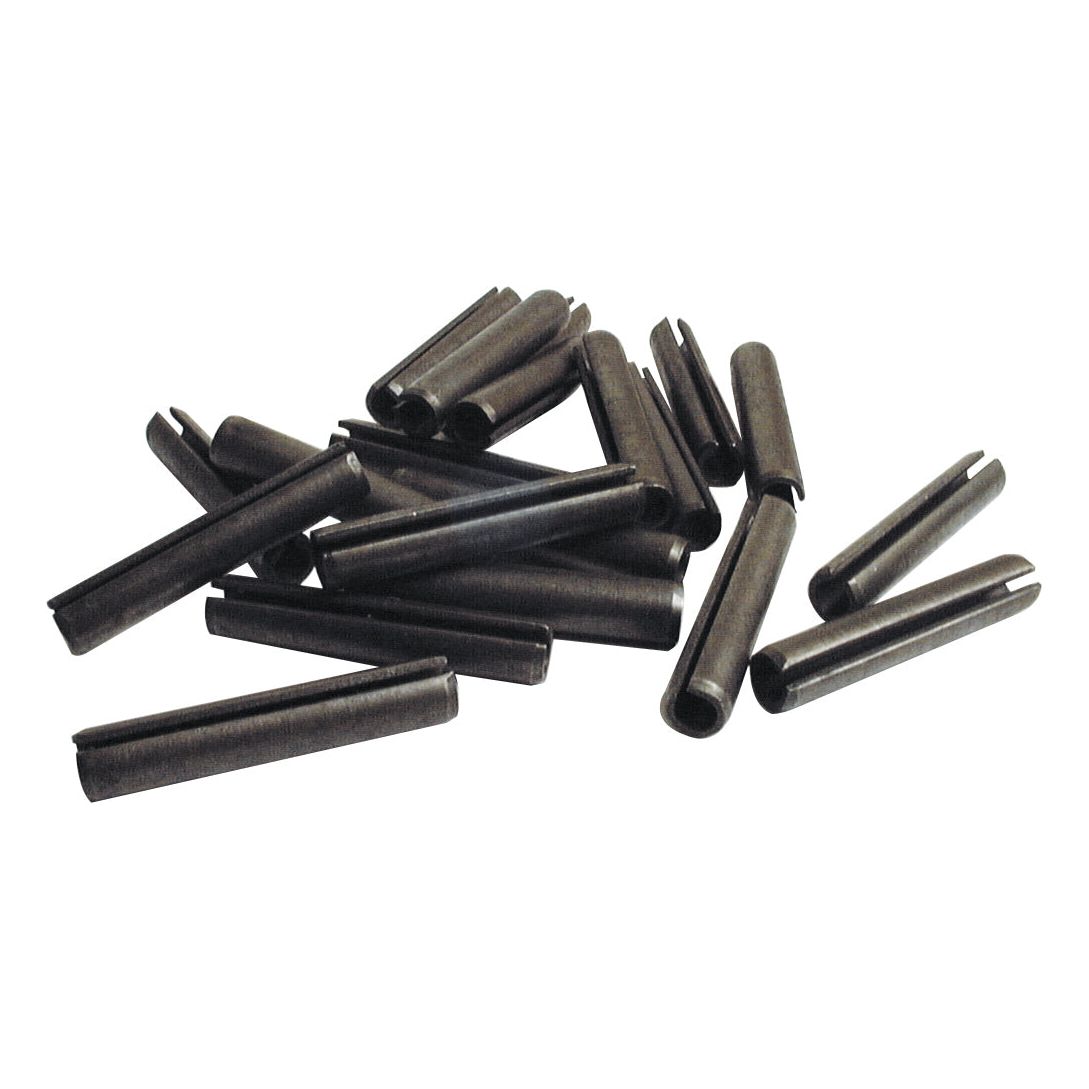 A collection of black cylindrical spring pins, known as roll pins or tension pins, scattered on a white background, with some labeled from reputable brands like Agripak and Sparex. Each pin in the assortment is Ø4mm in size and part of the Metric Roll Pins Assortment - 20 pcs., by Agripak and Sparex (Part No. S.25646).
