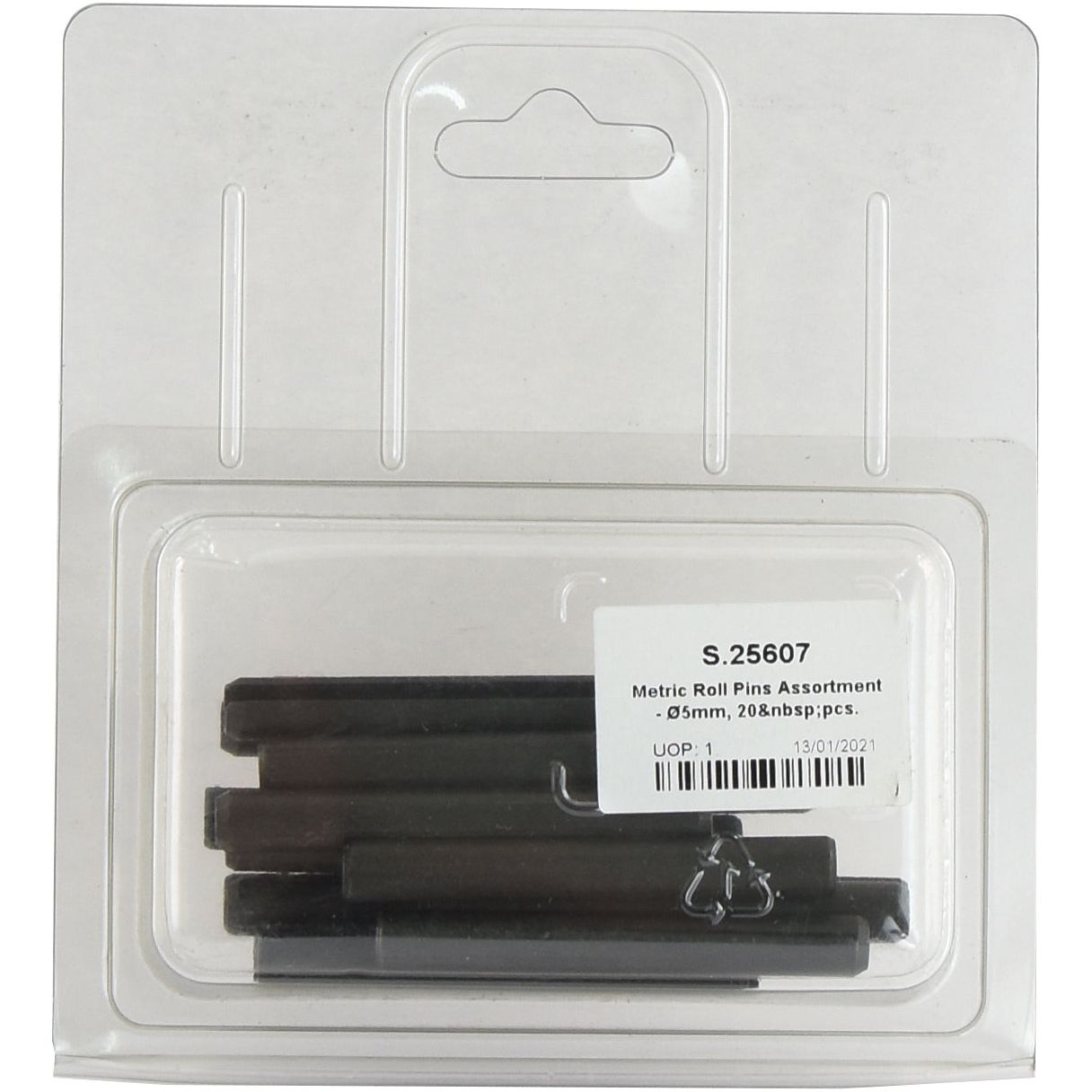 Pack of Sparex Metric Roll Pins Assortment - Ø5mm, 20 pieces, in clear plastic packaging with a white label displaying product details (Agripak).