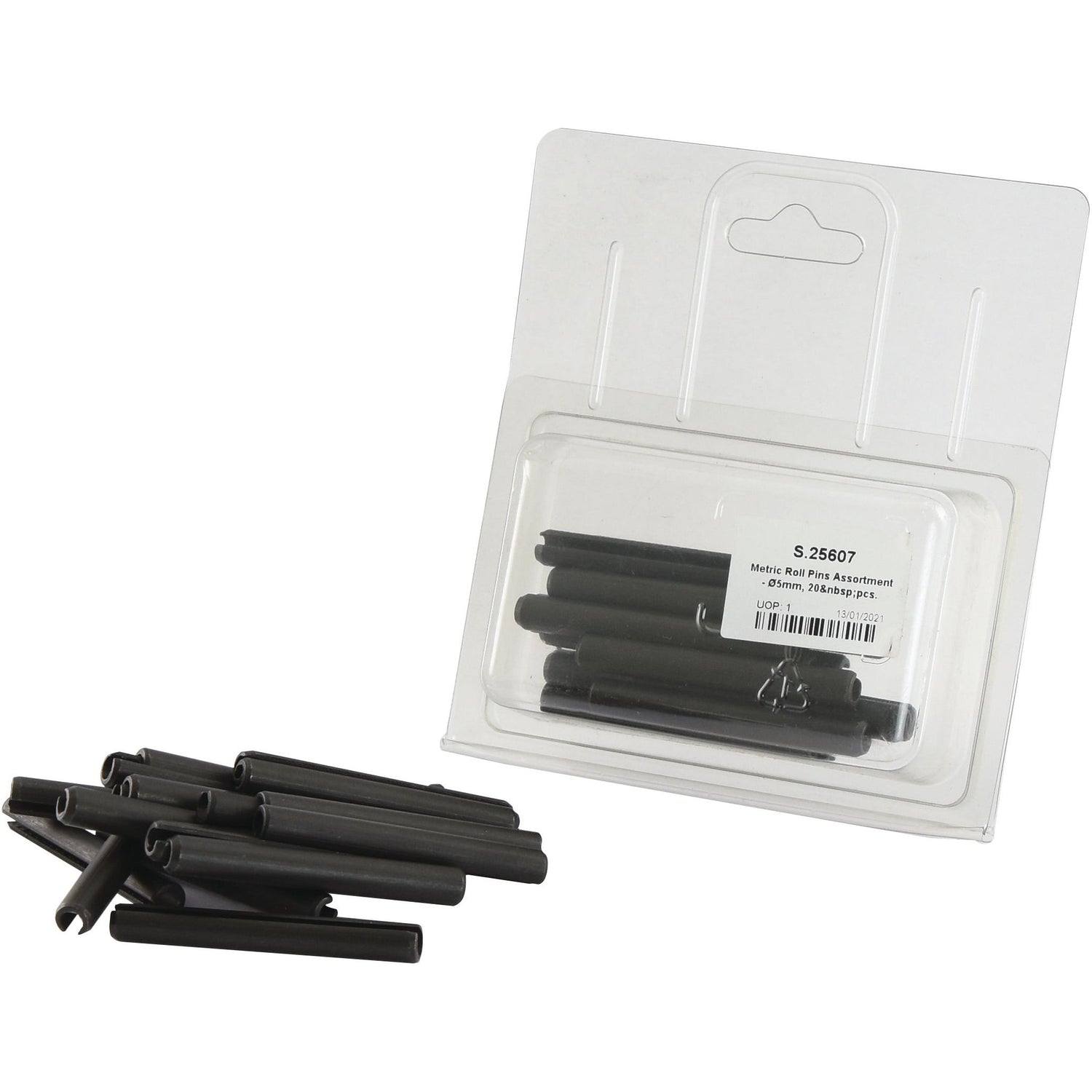 A set of black roll pins scattered next to a Sparex-branded Agripak packaging tray containing additional metric roll pins, with a labeled card at the back displaying "Metric Roll Pins Assortment - Ø5mm, 20 pcs. Agripak. | Sparex Part No.S.25607".