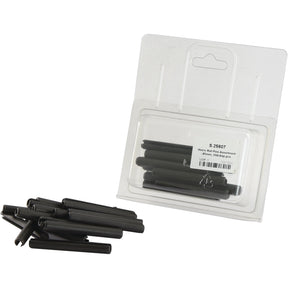 A set of black roll pins scattered next to a Sparex-branded Agripak packaging tray containing additional metric roll pins, with a labeled card at the back displaying "Metric Roll Pins Assortment - Ø5mm, 20 pcs. Agripak. | Sparex Part No.S.25607".