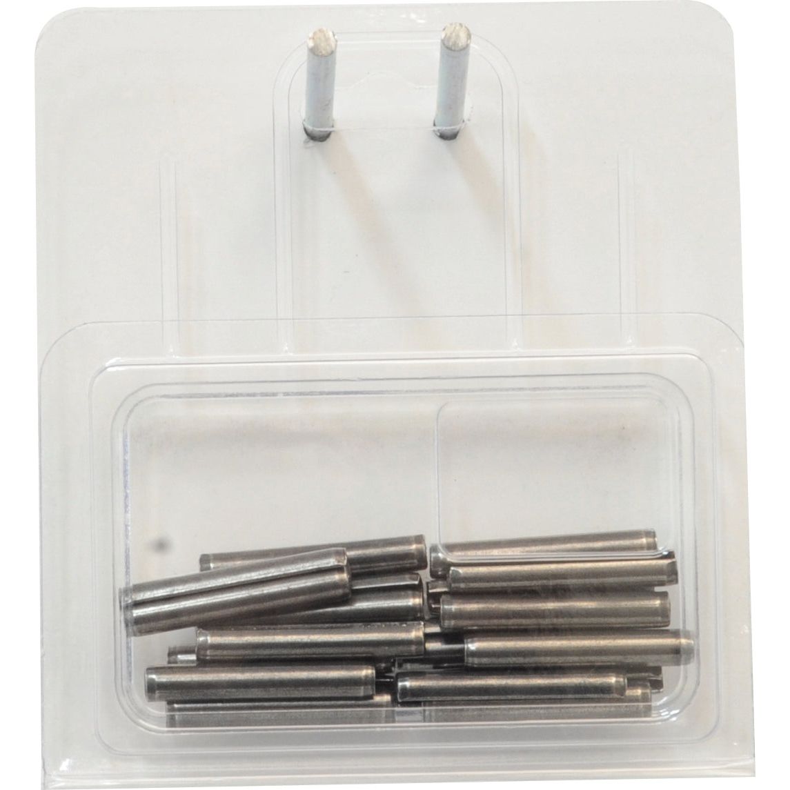 Plastic packaging containing several cylindrical metal rods, sealed and displayed on a transparent card with a hanging tab. This Metric Roll Pins Assortment - Ø6mm (20 pcs.) from the reputable Sparex brand, Part No. S.22935, is perfect for various applications.