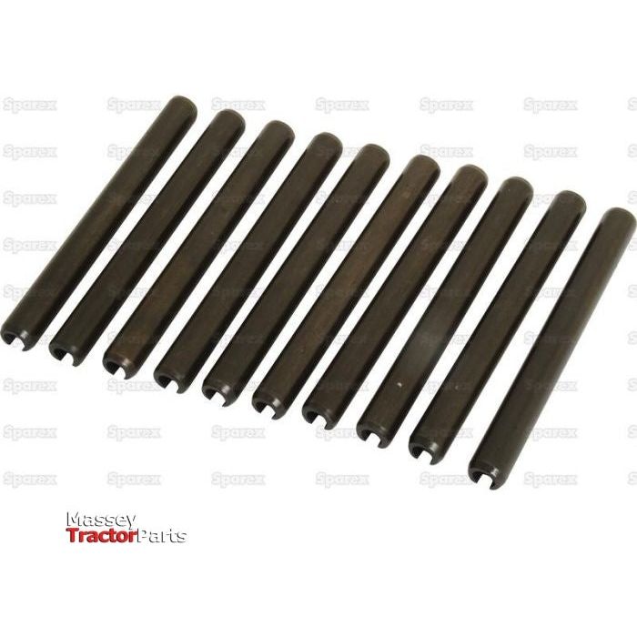 Five black cylindrical Metric Roll Pins (Ø13mm) with grooves at one end are arranged in parallel on a white background. Logos for "Massey Tractor Parts" and "Sparex" are visible, emphasizing the compatibility of these Sparex Part No.S.25612 pins with metric specifications.
