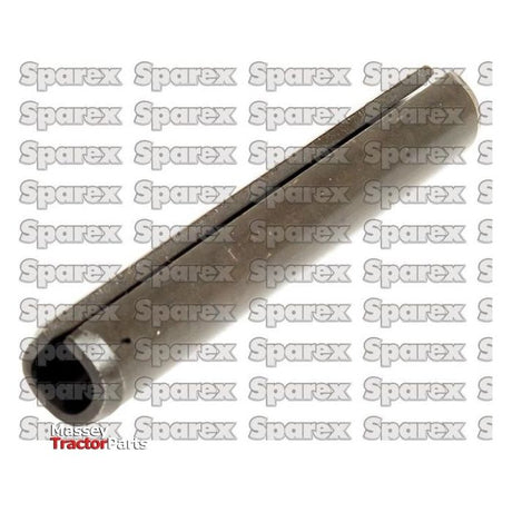 A cylindrical metal rod with a slit along its length, displayed on a background featuring repeating Sparex logos and showcasing metric specifications for the Metric Roll Pins Assortment - Ø16mm, 10 pcs. Agripak. | Sparex Part No.S.25620.