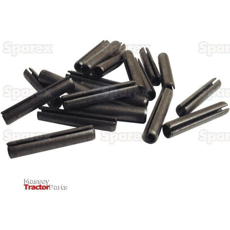 A collection of cylindrical metal Metric Roll Pins Assortment - Ø3 - 10mm, 10 pcs., commonly used for machinery assembly, is displayed against a white background. The assortment features metric pins. Massey Tractor Parts and Sparex logos are visible in the background, along with the Agripak branding.