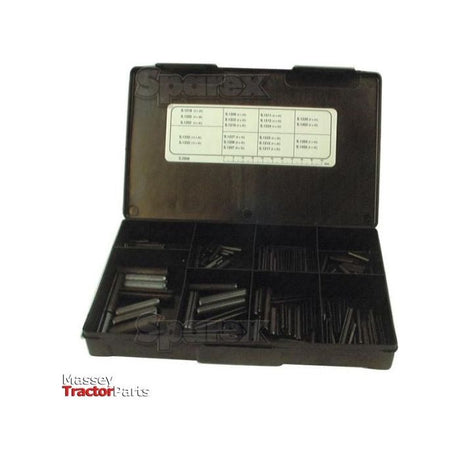 A black plastic box contains a neatly organized assortment of metric roll pins, ranging from ⌀3 to 10mm and totaling 191 pieces. Inside the lid, a label lists measurements and pertinent information. The branding of Sparex is visible, indicating the high-quality manufacture of these components in the Metric Roll Pins Assortment -⌀3 - 10mm, 191 pcs. Handipak (S.2898).