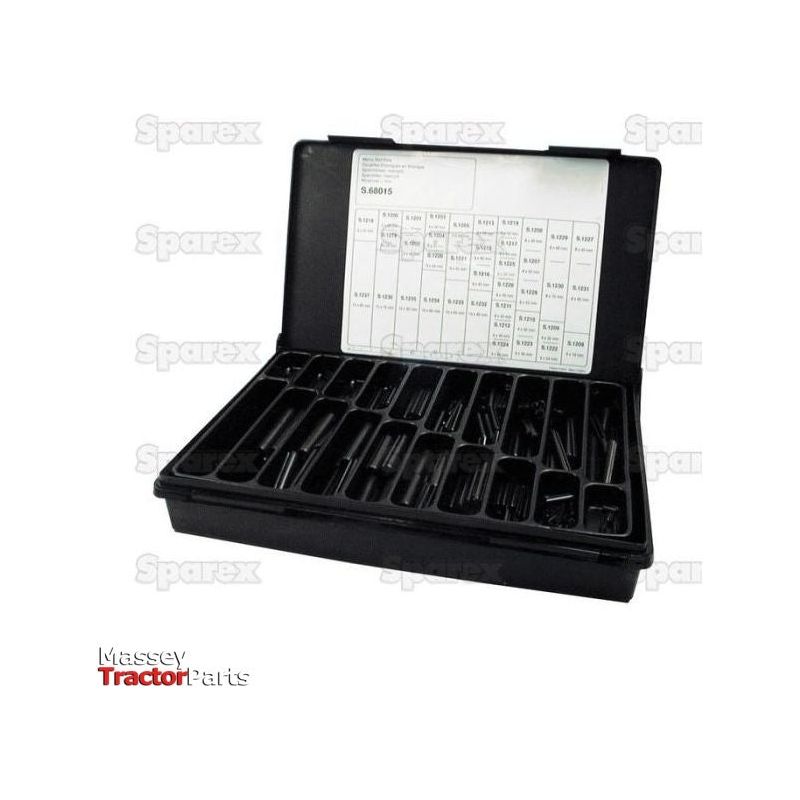 A black plastic case containing an assortment of 324 small tools and organized components, with a chart on the lid. The case is labeled with "Sparex" and "Metric Roll Pins Assortment - Ø3 - 8mm, 324 pcs. Compak. S.68015," featuring pieces for various needs.