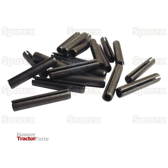 A pile of black cylindrical Metric Roll Pins (Ø5mm, 20 pcs.) from Agripak, featuring slits along their length, scattered on a white surface. The background includes faint "Sparex" logos and "Massey Tractor Parts" text in the corner, emphasizing the quality of Sparex Part No.S.25607 components.