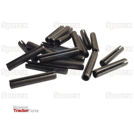 A pile of small, cylindrical, black metal pins with slotted ends is scattered on a white background. The image is overlaid with the "Sparex" logo repeatedly and the "Massey Tractor Parts" and "S.25606 Agripak" logos at the bottom left. This assortment of Metric Roll Pins Ø6mm includes 20 pieces and is part of Sparex's product line.