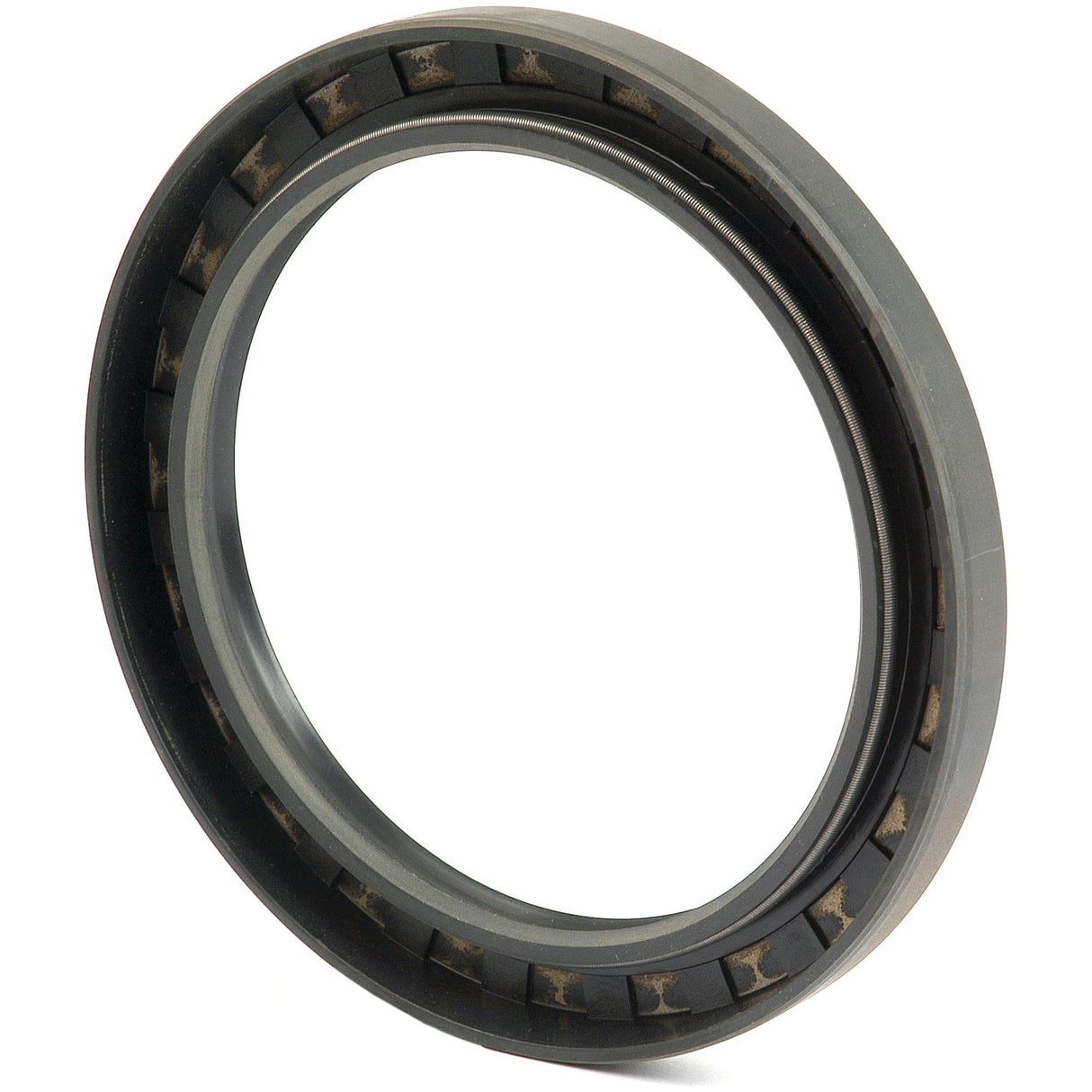 Close-up of the Sparex Metric Rotary Shaft Seal, 100 x 130 x 12mm Double Lip (Sparex Part No.S.50475), a circular metal and rubber oil seal with an inner spring, designed to prevent leakage in machinery by sealing rotating components, ensuring optimal performance in various industrial applications.