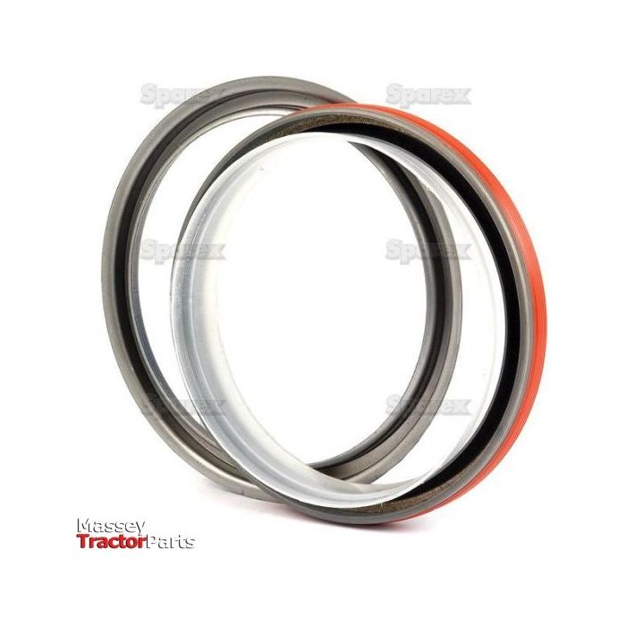 A pair of circular tractor parts branded with "Sparex." One ring is silver, and the other is silver with a red lining. These Metric Rotary Shaft Seals, measuring 125 x 150.5 x 14.3mm (Sparex Part No.S.59505), are perfect for use in various models, including Ford / New Holland and Case IH / International Harvester tractors.