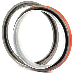 Two circular metal seals from Sparex, one featuring an orange outer edge and the other with a gray edge. Both include inner black rubber rings and are designed for sealing applications, making them ideal for Metric Rotary Shaft Seals in Ford / New Holland machinery. The specific product details are Metric Rotary Shaft Seal, 125 x 150.5 x 14.3mm | Sparex Part No.S.59505.