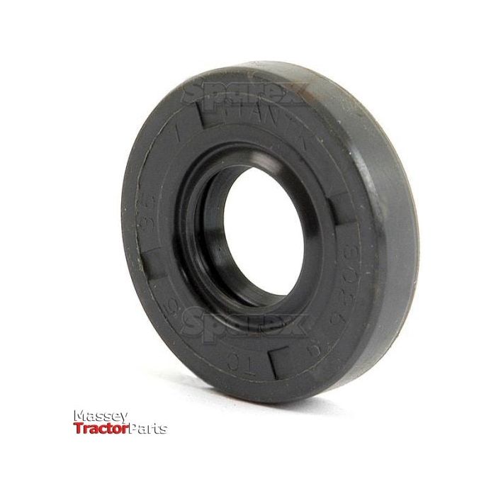 A close-up view of the black rubber seal with the "Sparex" brand name printed on it. The background is white with the "Massey Tractor Parts" logo in the lower left corner. This is a Metric Rotary Shaft Seal, specifically sized at 15 x 35 x 7mm, featuring a double lip design for enhanced durability, and identified by Sparex Part No.S.50165.
