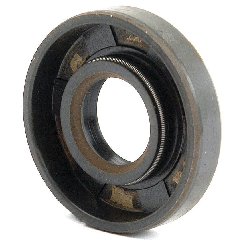 Close-up image of the Sparex Metric Rotary Shaft Seal, 15 x 35 x 7mm Double Lip (Sparex Part No.S.50165), featuring a circular rubber design with a metal spring, used in machinery to prevent leakage of lubricants. This high-performance seal includes a double lip design for enhanced efficiency.