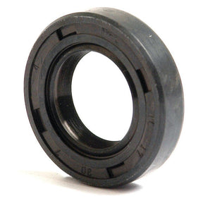 Close-up view of the Sparex Metric Rotary Shaft Seal, a 17 x 30 x 7mm black rubber oil seal with a circular shape and grooves on the inner surface, featuring a double lip design for enhanced sealing performance. Model: Sparex Part No.S.50172.