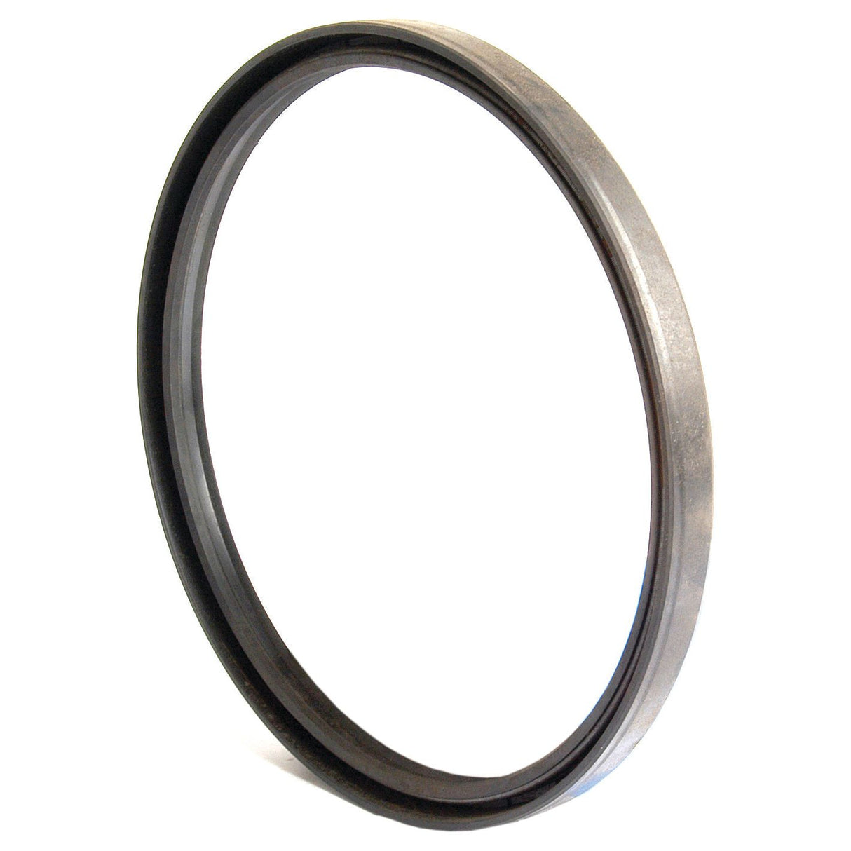 Close-up of a Sparex Metric Rotary Shaft Seal, 180 x 200 x 15mm Double Lip (Sparex Part No.S.50480), featuring a thin metal ring with a slightly angled edge, standing upright against a plain white background.