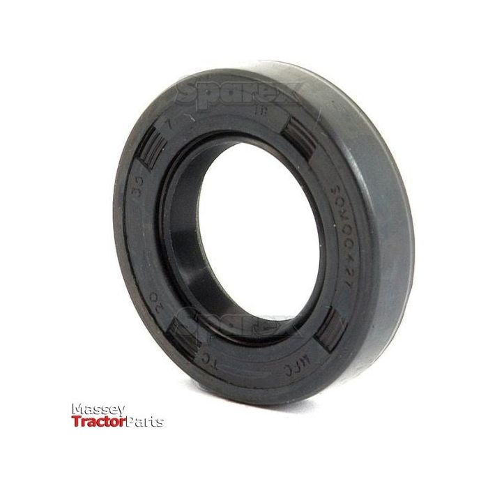 A black rubber oil seal with visible markings and text, including "50Y-0471." The image also features a logo in the background that reads "Massey Tractor Parts." This Metric Rotary Shaft Seal, Sparex Part No.S.50182, has a double lip design and measures 20 x 35 x 7mm.