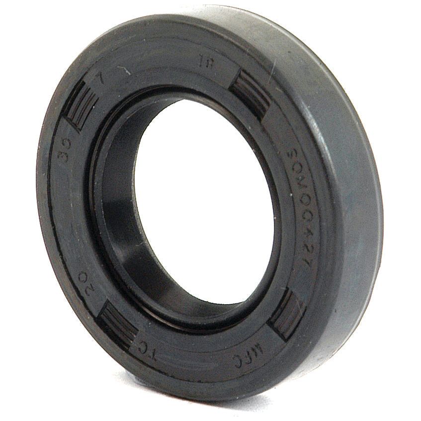 Close-up of a black rubber oil seal with visible markings and a central hole. This circular Sparex Metric Rotary Shaft Seal, measuring 20 x 37 x 7mm (Sparex Part No.S.27291), features double lips and ridged edges.