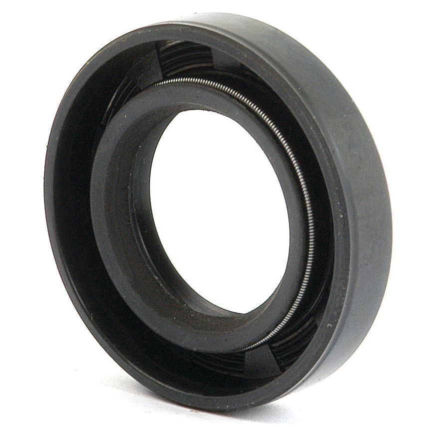 A black, circular rubber seal containing a small coiled spring inside, officially named the Metric Rotary Shaft Seal (20 x 37 x 7mm Double Lip) by Sparex under Part No. S.27291.