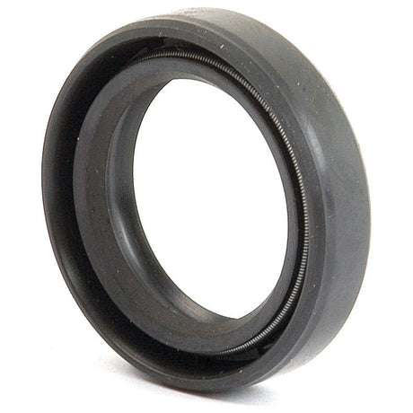 Close-up of a black mechanical seal ring with a circular design, featuring an inner metal spring for added durability and sealing capability. The Sparex Metric Rotary Shaft Seal, 22 x 32 x 7mm Double Lip (Part No. S.50191) boasts a double lip for enhanced performance and reliability.