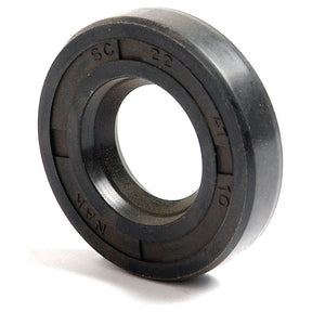 Close-up image of a Sparex Metric Rotary Shaft Seal, Part No.S.50198. This black rubber double lip oil seal, featuring distinct markings and a central hole for fitting onto a shaft, measures 22 x 47 x 10mm.