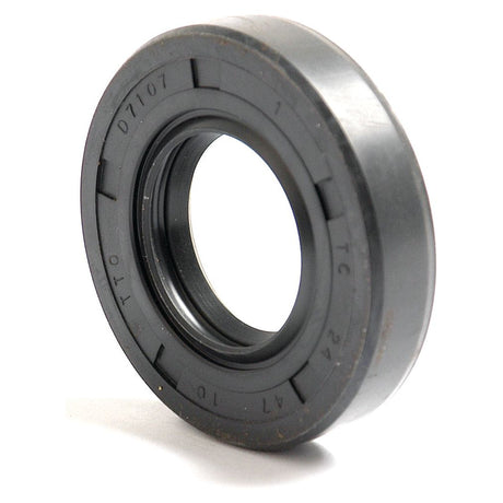 A black rubber Metric Rotary Shaft Seal from Sparex, featuring alphanumeric markings around its outer edge, captures a close-up view of the double lip circular component. The seal measures 24 x 47 x 10mm and is identified as Sparex Part No. S.50200.