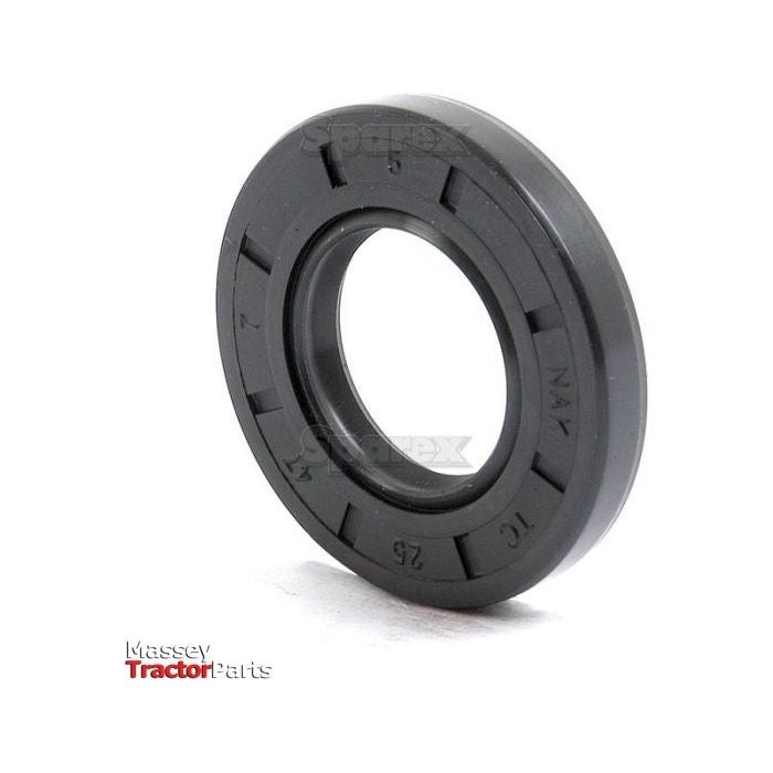 A black Double Lip oil seal, marked with "S.50212" and branded "Sparex," rests against a plain white background. Measuring 25 x 47 x 7mm, this Metric Rotary Shaft Seal also features the "Massey TractorParts" logo in the lower left corner.