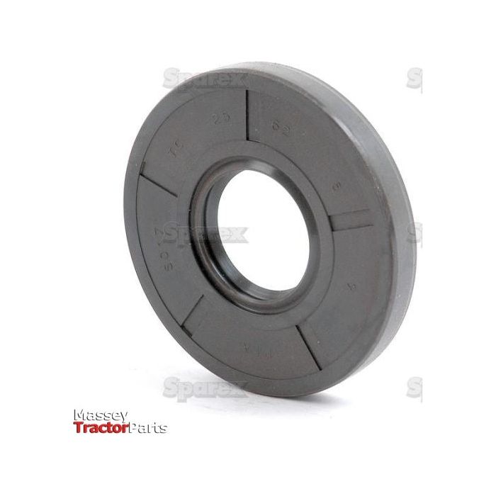 Image of a circular oil seal with a central hole, used in mechanical applications. The grey Double Lip seal features some markings and the Sparex logo at the bottom left corner, indicating its compatibility as a Massey Tractor Parts component. This is the Metric Rotary Shaft Seal, 25 x 62 x 8mm Double Lip | Sparex Part No.S.50217.