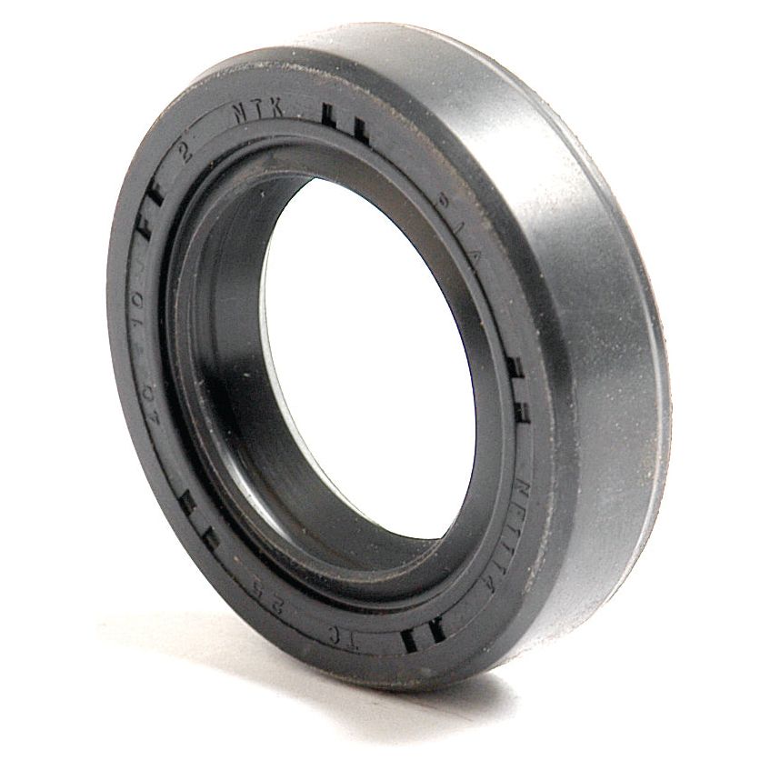 Close-up of a black Sparex mechanical seal with engraved letters and numbers on its surface. This Metric Rotary Shaft Seal (Sparex Part No.S.50208) measures 25x40x10mm and features a central hole along with a slightly textured outer surface, indicative of its Double Lip design.