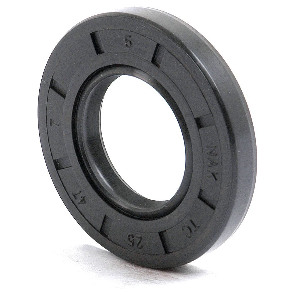 A Sparex black rubber Metric Rotary Shaft Seal, Part No. S.50212, features a central hole and surface markings indicating size and specifications. It is a Double Lip seal sized at 25 x 47 x 7mm.
