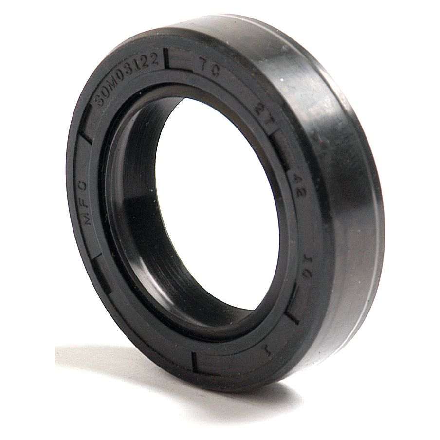 Close-up of a circular, black rubber Sparex Metric Rotary Shaft Seal with inscriptions around its outer edge. The seal, measuring 27 x 42 x 10mm and featuring a Double Lip design, appears to be new and is photographed against a plain, white background. This product is identified as Sparex Part No. S.50220.
