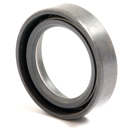 Close-up of a circular Sparex Metric Rotary Shaft Seal compliant with DIN 3760, featuring an inner black rubber ring. This Sparex single lip seal (Product No. S.50223) measures 28 x 40 x 10mm and is used in machinery to effectively prevent leakage of lubricants.
