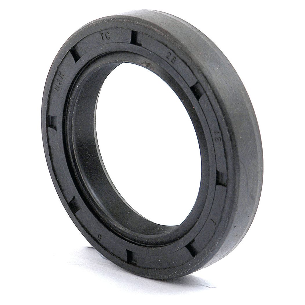 Close-up of a black rubber oil seal ring, marked with inscriptions on its surface. The Sparex Metric Rotary Shaft Seal, 28 x 42 x 7mm Double Lip (Sparex Part No.S.50224), stands upright against a white background.