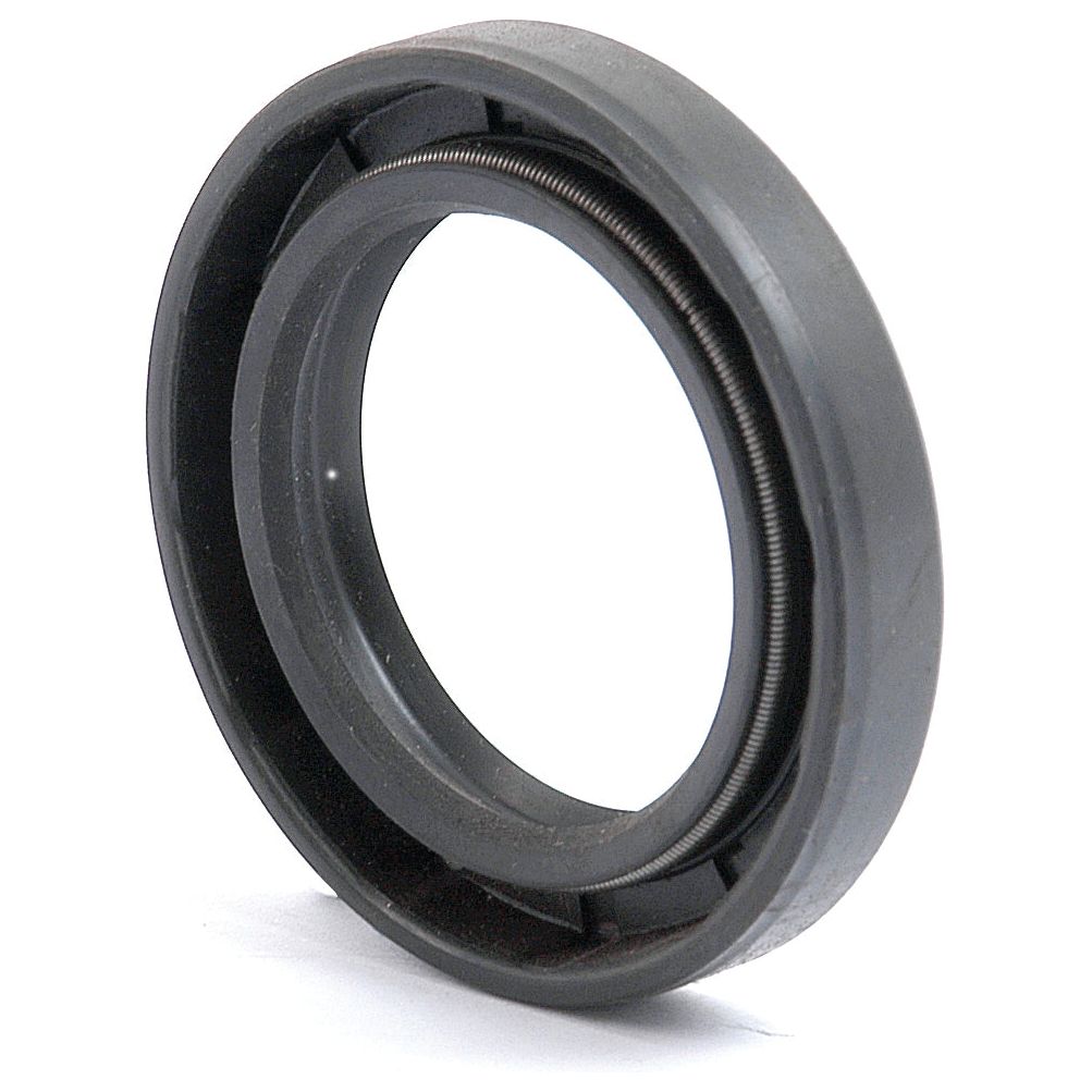 Close-up image of a black, circular rubber oil seal with a metal spring inside, designed as the Sparex Metric Rotary Shaft Seal, 28 x 42 x 7mm Double Lip (Sparex Part No. S.50224), for preventing leaks in machinery.