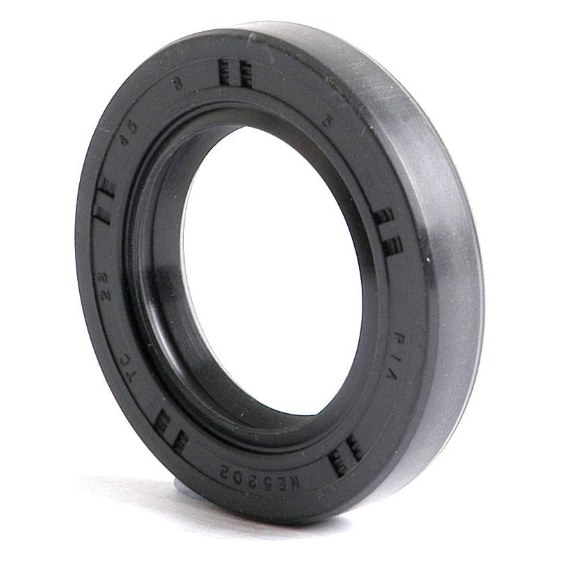 Close-up of a Sparex Metric Rotary Shaft Seal, 28 x 45 x 8mm Double Lip (Sparex Part No.S.50227) in black rubber with visible alphanumeric markings on its surface, standing upright on a white background.