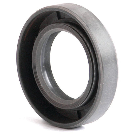 Close-up of a black, round mechanical seal with visible threads and grooves, specifically designed as the Sparex Metric Rotary Shaft Seal (28 x 47 x 10mm Double Lip) | Part No. S.50229, for preventing leakage and contamination in various industrial applications.