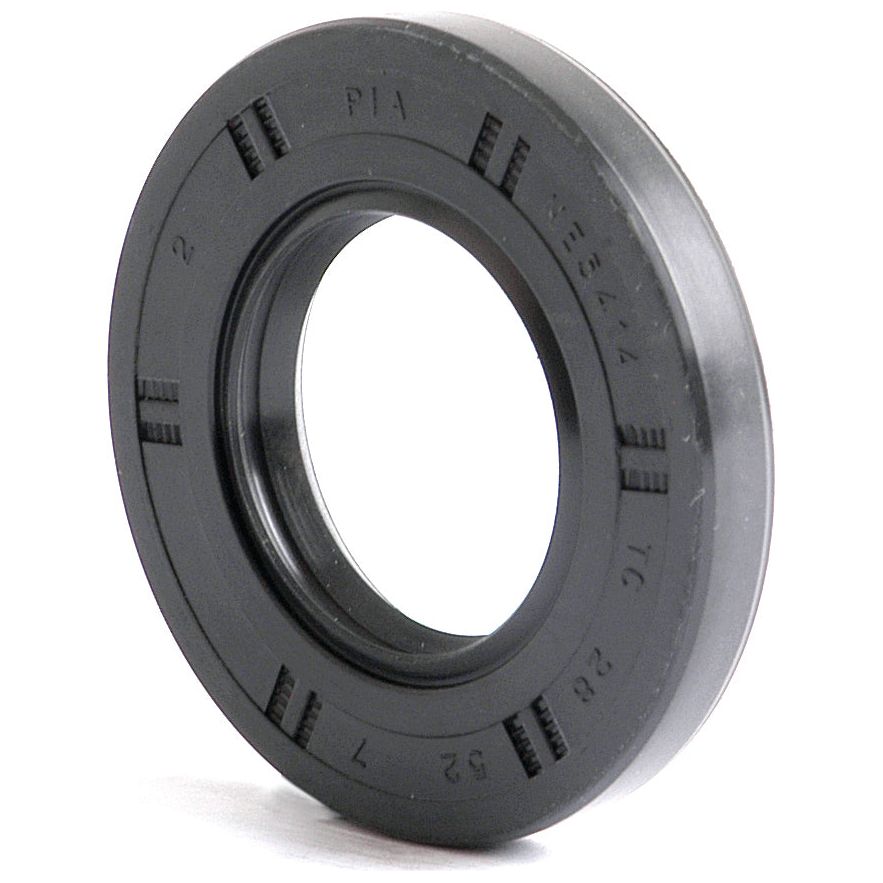A Sparex Metric Rotary Shaft Seal, 28 x 52 x 7mm Double Lip (Part No. S.50230), stands upright on a white background, featuring numbers and letters printed on its black rubber surface.