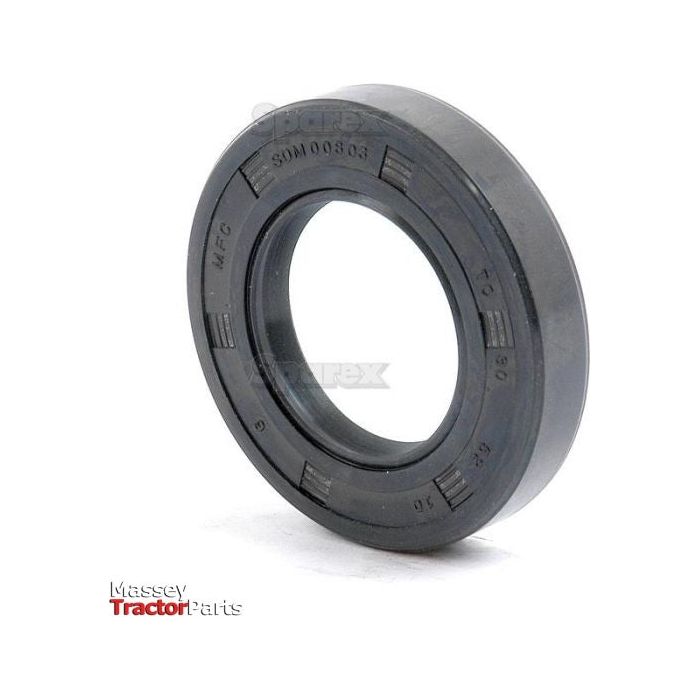A circular black rubber oil seal with visible product marking showing "SDM 09303" is featured against a plain white background. The item, identified as the Sparex Metric Rotary Shaft Seal, 30 x 52 x 10mm Double Lip (Sparex Part No. S.50244), is positioned upright on its edge.