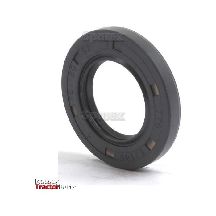 Image of a dark-colored rubber oil seal with the text "Massey Tractor Parts" and "Sparex" visible. The seal, marked "T. C. I" and "30.1," is a Metric Rotary Shaft Seal, featuring dimensions of 30 x 52 x 7mm and a Double Lip design for enhanced performance. This specific product is available as Sparex Part No.S.50243 from the brand Sparex.