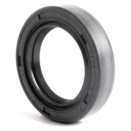A close-up of a black rubber oil seal with visible grooved markings and a circular shape, precisely crafted as the Sparex Metric Rotary Shaft Seal (30 x 45 x 10mm Double Lip) Part No. S.50238 to prevent leaks in machinery.