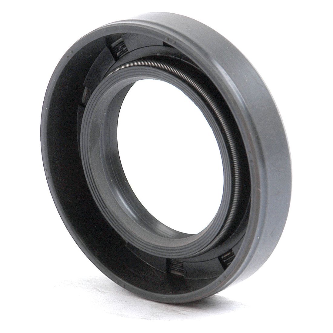 Close-up of a black rubber oil seal with a metal spring inside, used for sealing gaps in machinery to prevent oil leakage. The Sparex Metric Rotary Shaft Seal (30 x 50 x 10mm), Part No. S.50242, features a double lip design for enhanced durability and performance.