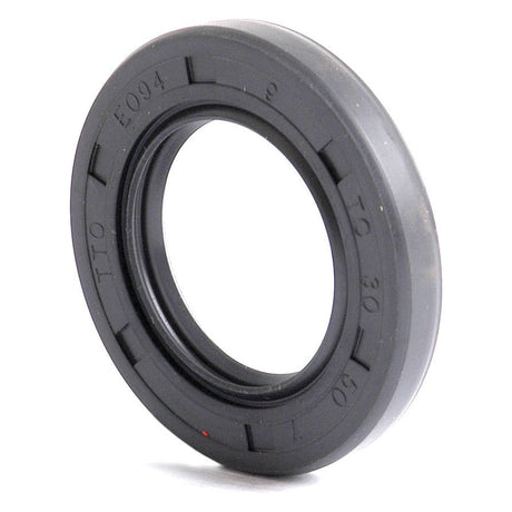 Close-up of a circular black rubber Metric Rotary Shaft Seal with embossed text on its outer edge, standing upright against a white background. This Sparex 30 x 50 x 7mm Double Lip seal (Part No.S.50241) offers precision and durability for various applications.