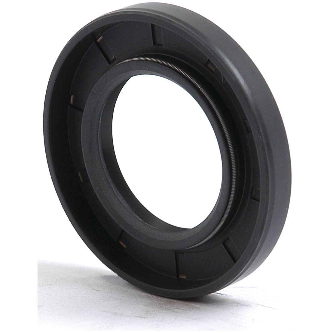 Close-up of the Sparex Metric Rotary Shaft Seal, 30 x 52 x 7mm Double Lip (Sparex Part No. S.50243), a circular black rubber oil seal featuring a metallic spring encircling the inner edge, positioned upright against a white background.